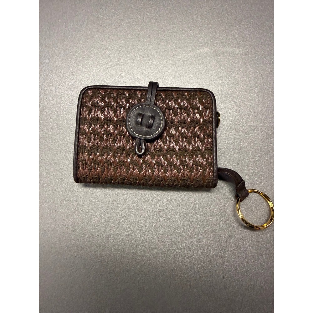 Etienne Aigner Woven Straw Bifold Wallet Brown Leather Trim Key Ring ID Window
